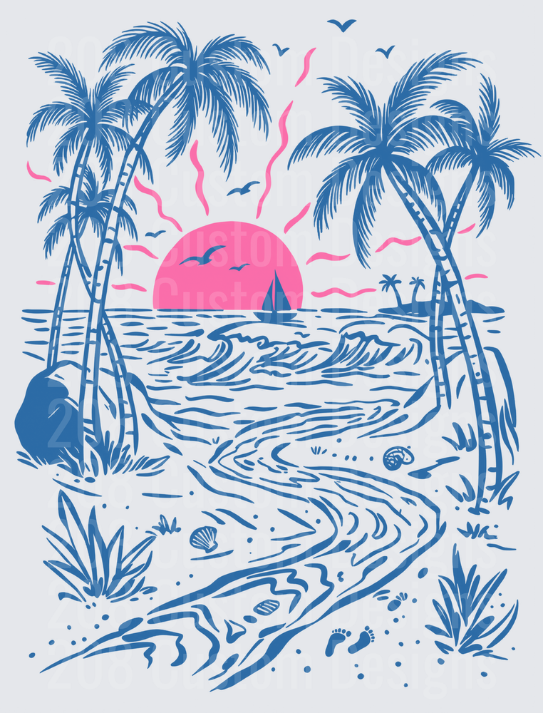 Tropical Beach Sunset Sailboat Palm Trees Ocean Waves