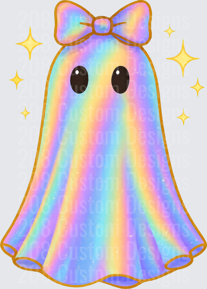 Pastel Rainbow Holographic Kawaii Ghost with Bow Sparkles