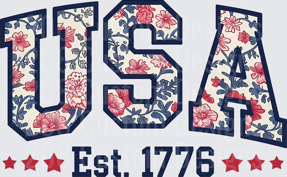 USA Floral Pattern Letters Est 1776 Red White Blue Stars
