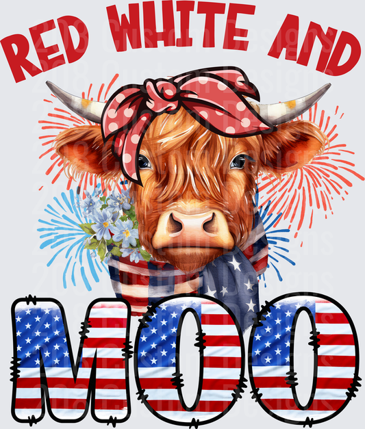 Red White and Moo Patriotic Highland Cow with Bandana and Fireworks