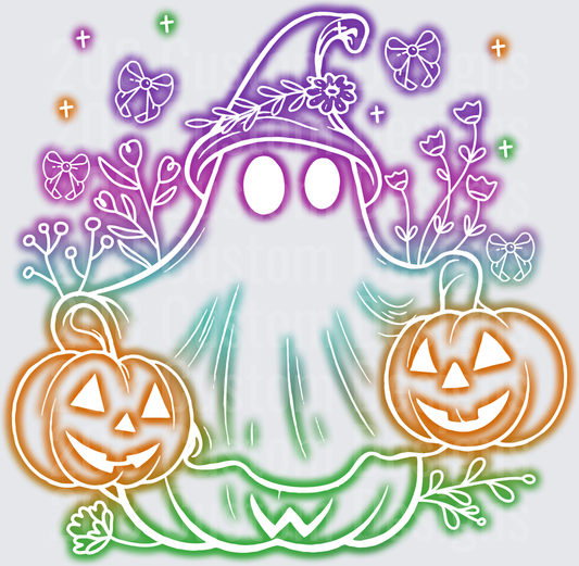 Cute Witch Ghost with Jack-O-Lanterns Floral Halloween Glow