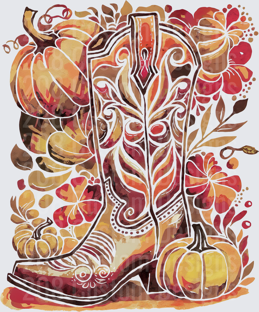 Ornate Cowboy Boot with Autumn Pumpkins and Hibiscus Flowers