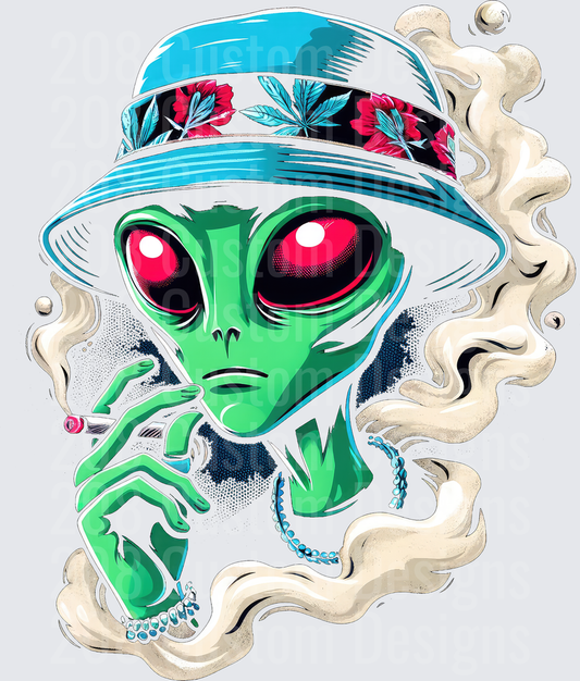 Smoking Alien in Bucket Hat with Tropical Floral Band