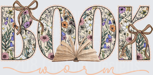 Book Worm Floral Letter Design with Open Book and Ribbon Bows