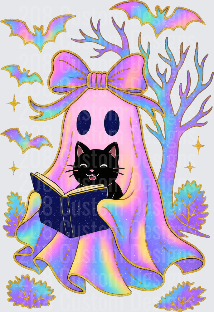Pastel Rainbow Ghost with Bow Reading Book Black Cat Bats
