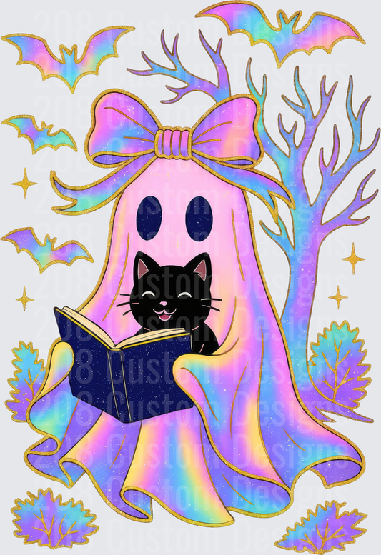 Pastel Rainbow Ghost with Bow Reading Book Black Cat Bats