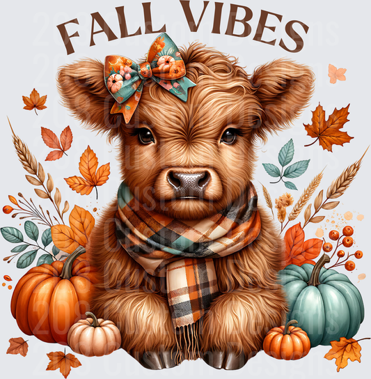 Fall Vibes Highland Cow with Pumpkin Bow and Plaid Scarf