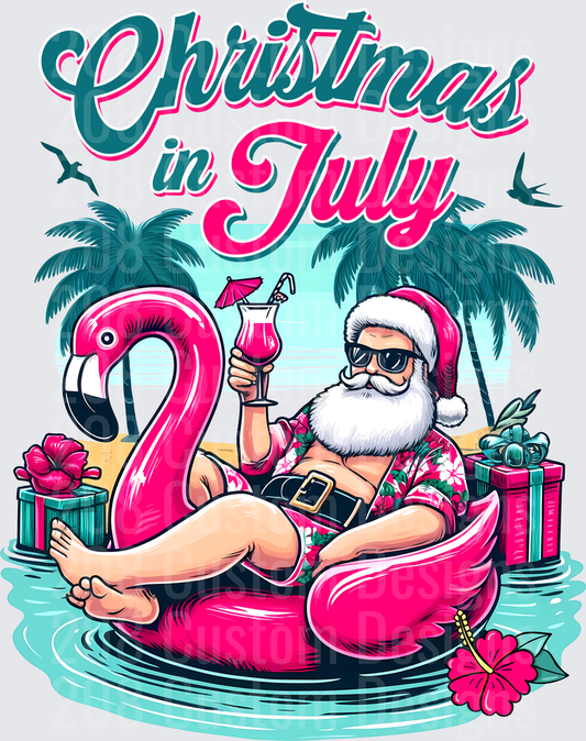 Christmas in July Santa on Pink Flamingo Pool Float with Tropical Drinks