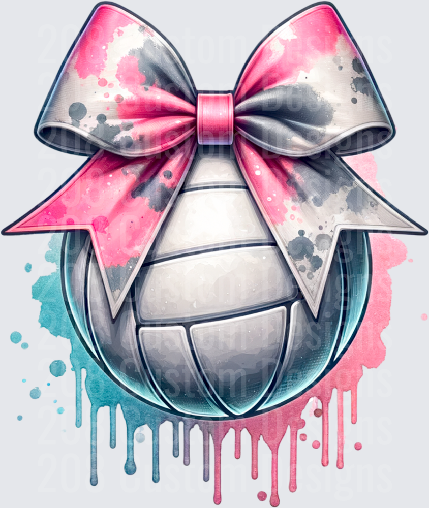 Watercolor Volleyball with Pink and Gray Coquette Bow Drip