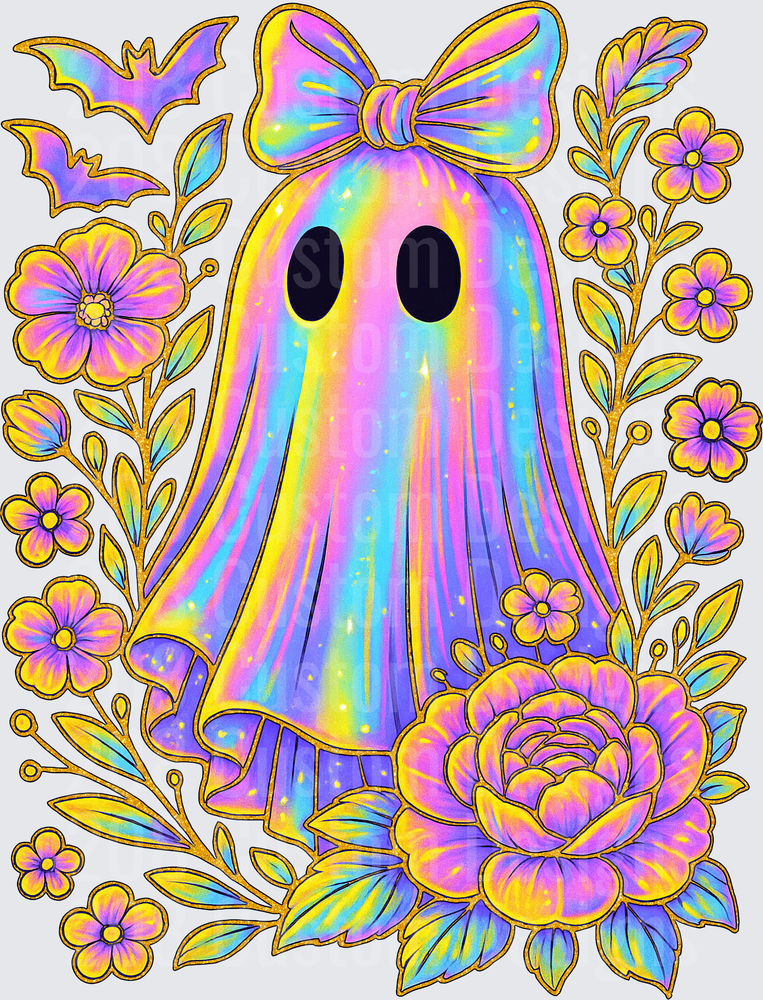 Holographic Rainbow Ghost with Bow and Floral Halloween