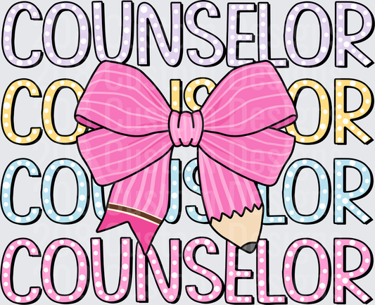Counselor Stacked Polka Dot Letters Pink Bow Pencil