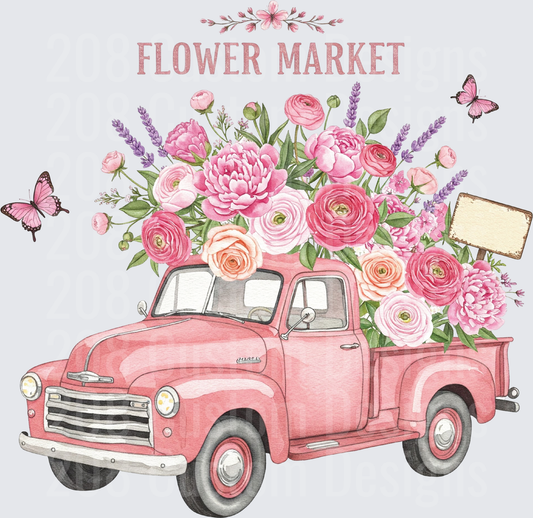 Vintage Pink Truck Loaded with Spring Flowers and Butterflies