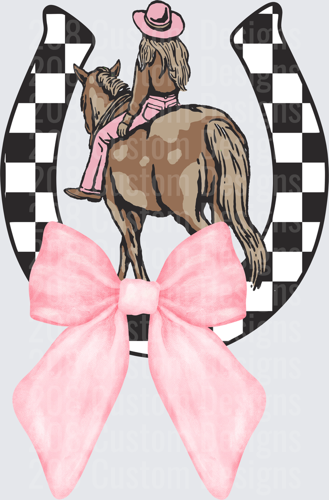 Cowgirl on Horse with Pink Hat and Bow in Checkered Horseshoe
