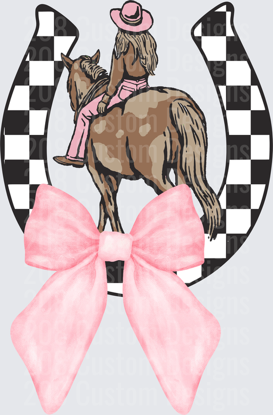 Cowgirl on Horse with Pink Hat and Bow in Checkered Horseshoe