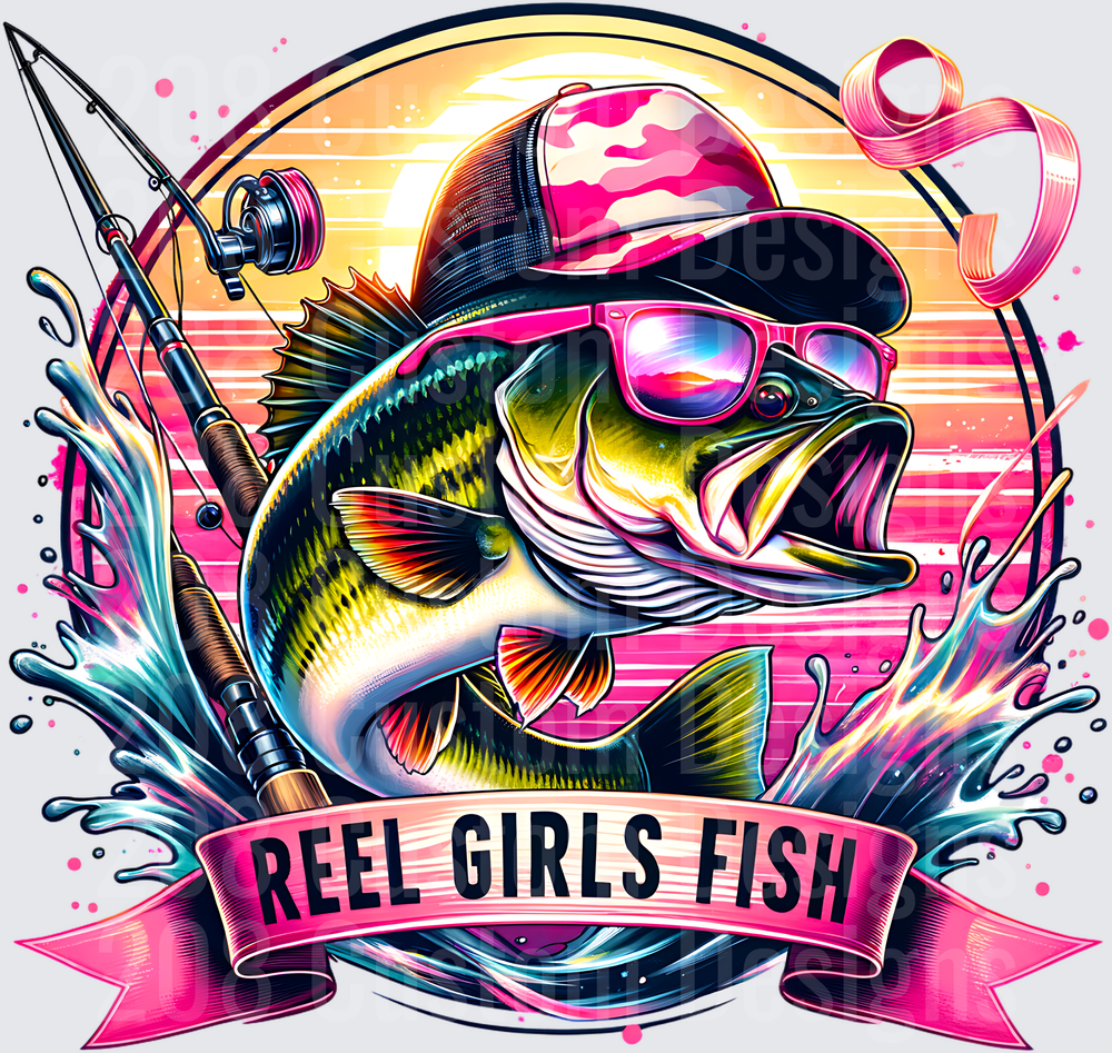 Reel Girls Fish Bass Wearing Sunglasses and Cap with Fishing Rod