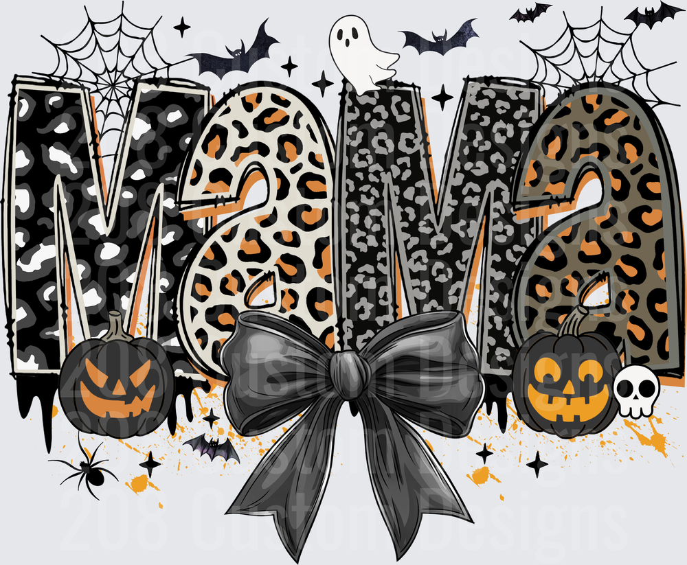 Halloween Mama Leopard Print Bow Jack-o-Lantern Bats Ghost