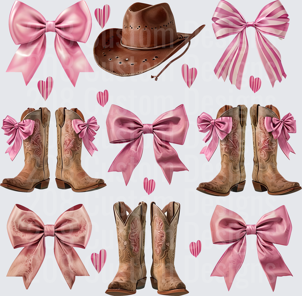 Cowgirl Boots Hat and Pink Bows with Hearts Pattern