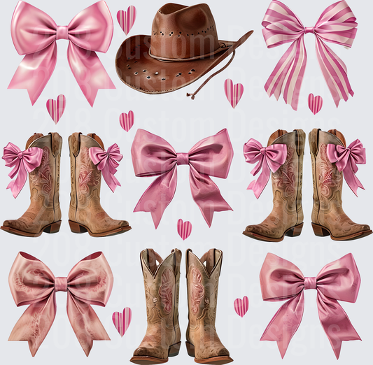 Cowgirl Boots Hat and Pink Bows with Hearts Pattern
