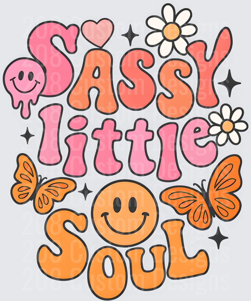 Sassy Little Soul Groovy Retro Typography with Butterflies and Daisies
