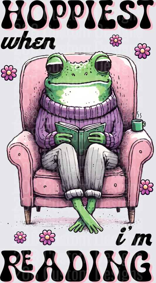 Happiest When I'm Reading Frog in Armchair with Book and Coffee