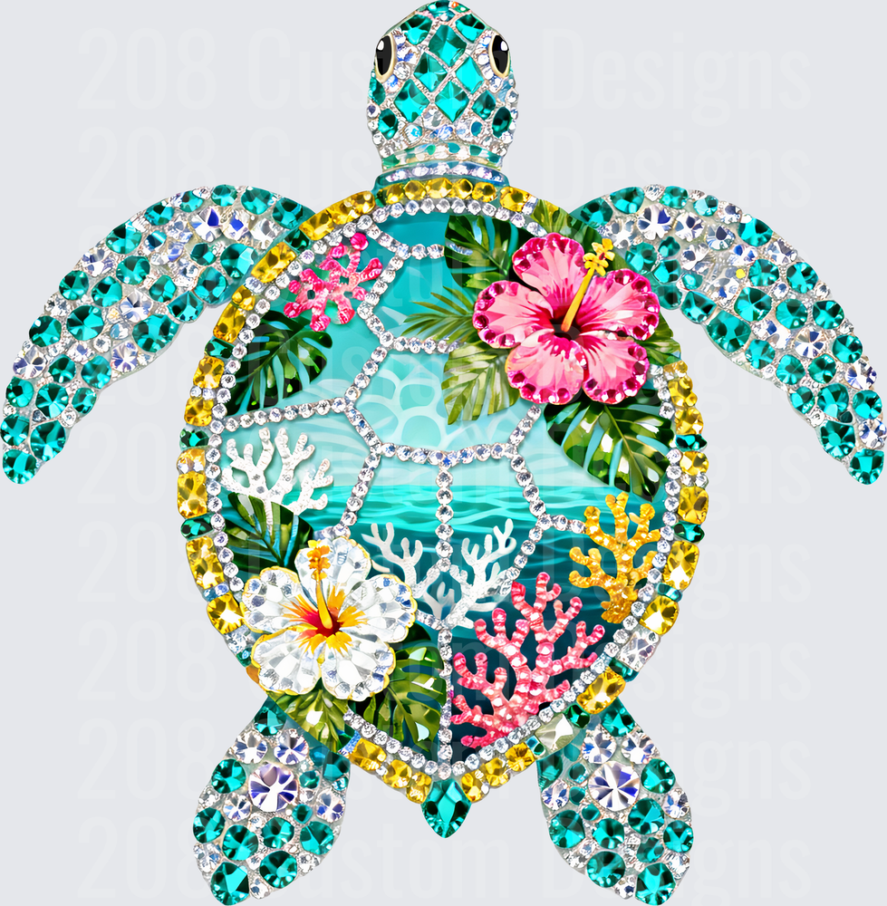 Rhinestone Sea Turtle with Tropical Hibiscus Flowers and Coral