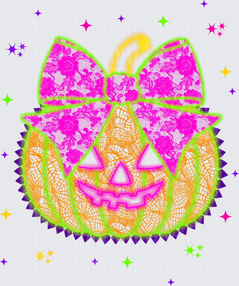 Neon Lace Jack-o-Lantern with Pink Floral Bow and Stars