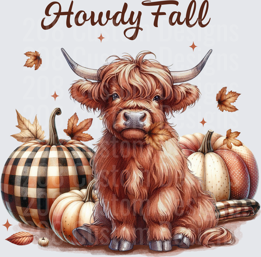 Howdy Fall Highland Cow with Autumn Pumpkins and Leaves