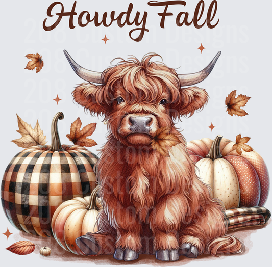 Howdy Fall Highland Cow with Autumn Pumpkins and Leaves