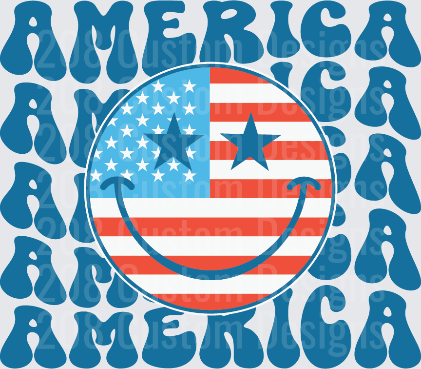 Retro Groovy America Text with American Flag Circle Design