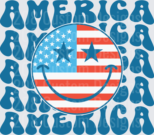 Retro Groovy America Text with American Flag Circle Design