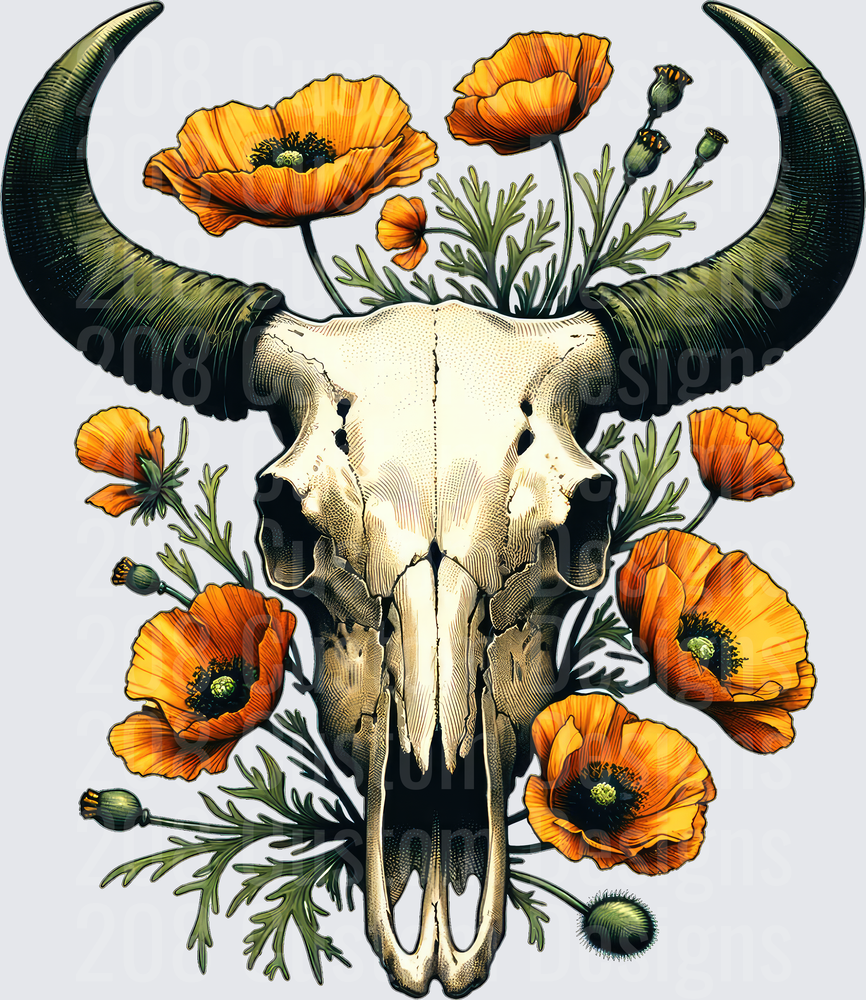 Bull Skull with Orange Poppies and Botanical Elements