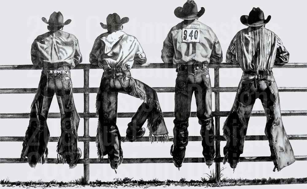 Four Cowboys Leaning on Fence Rail Black and White