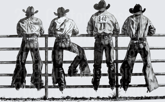 Four Cowboys Leaning on Fence Rail Black and White