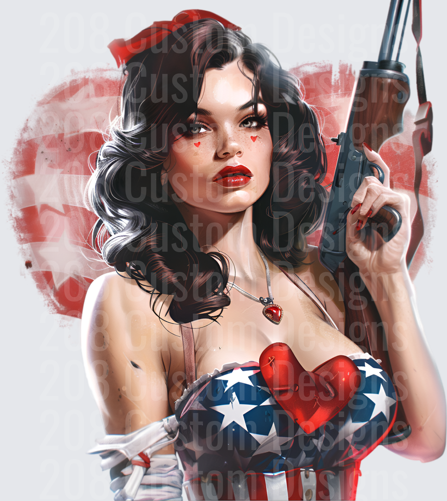 Pin-Up Girl with Shotgun in American Flag Bandeau and Red Beret