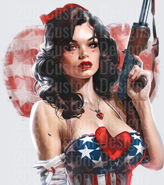 Pin-Up Girl with Shotgun in American Flag Bandeau and Red Beret