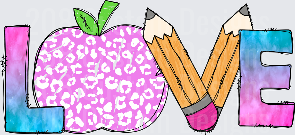 LOVE Teacher Apple Leopard Print Pencils Watercolor Letters