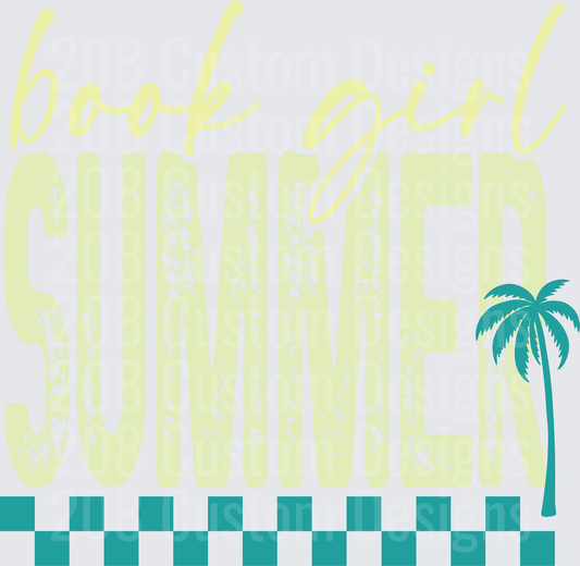 Book Girl Summer Retro Palm Tree Checkered