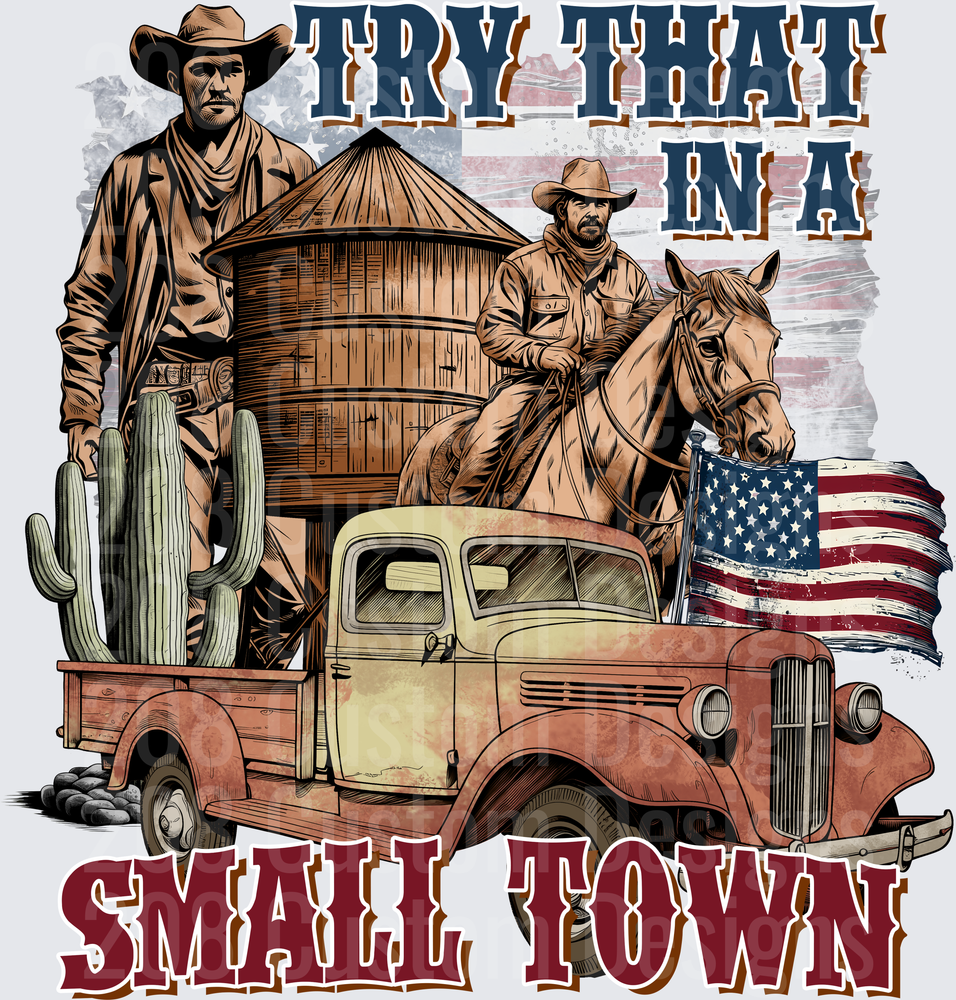 Western Cowboys Vintage Truck Cactus American Flag Small Town Design