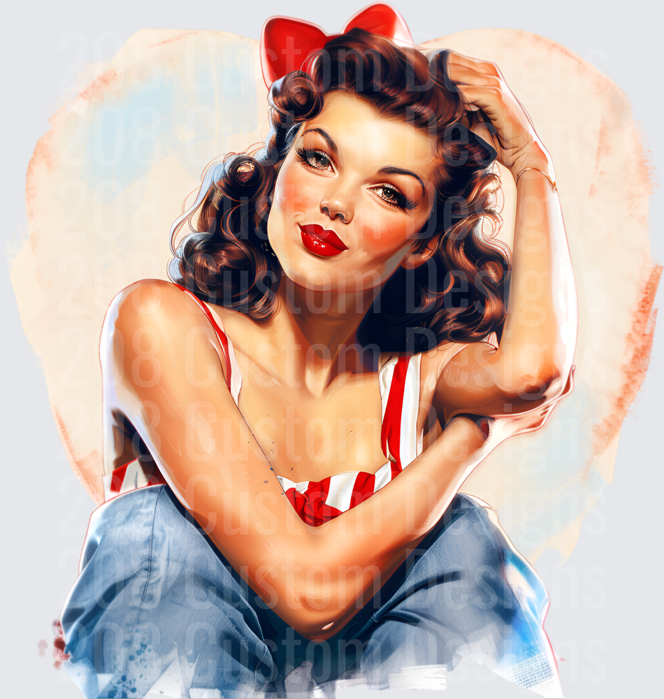 Vintage Pin-Up Girl with Red Bow and Striped Top