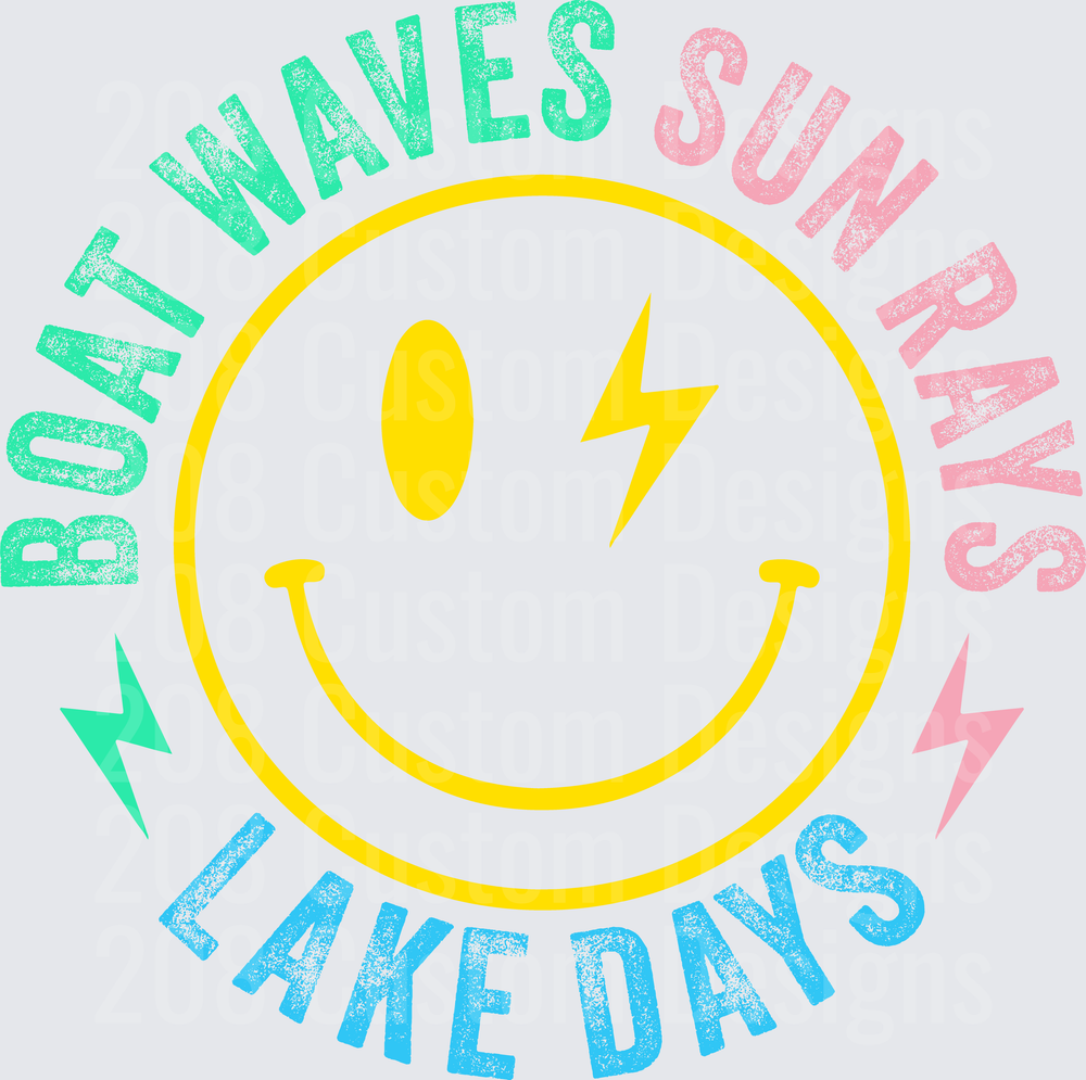 Boat Waves Summer Vibes Lake Days Lightning Bolt Smiley Face