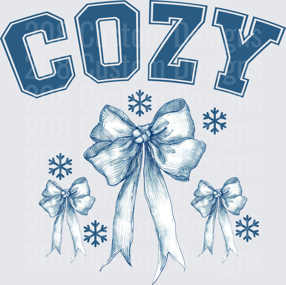 COZY Winter Text with Vintage Ribbon Bows and Snowflakes