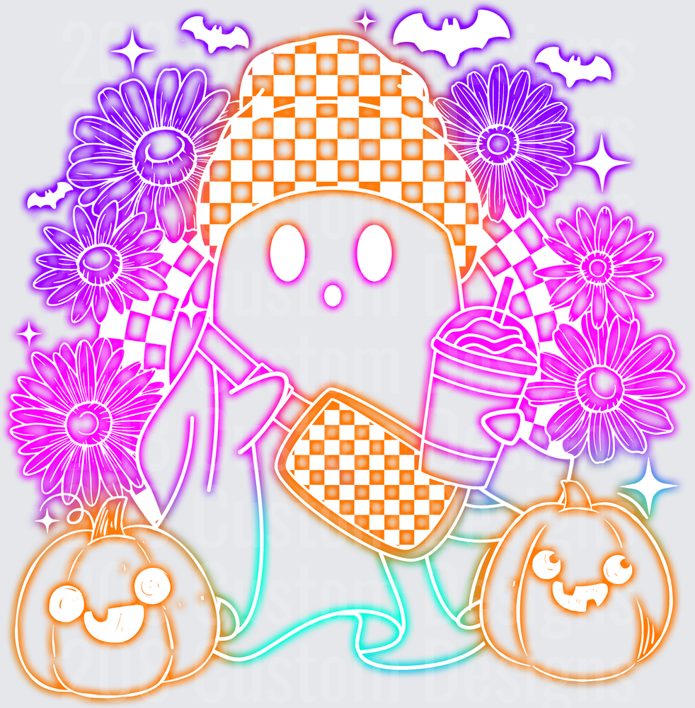 Cute Ghost Checkered Beanie Coffee Pumpkins Floral Halloween