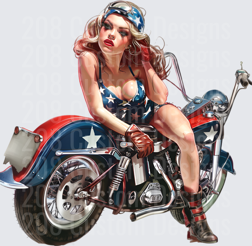 Pin-Up Girl on Patriotic American Flag Motorcycle