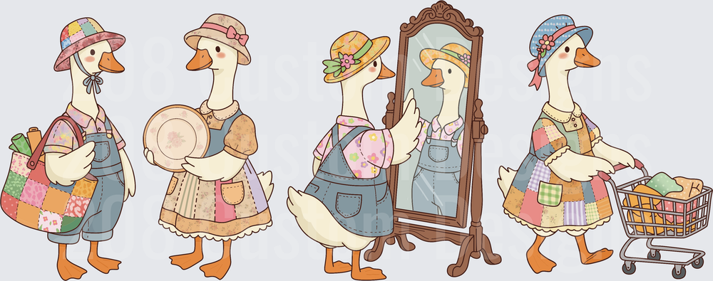 Five Vintage Style Geese in Overalls and Floral Hats