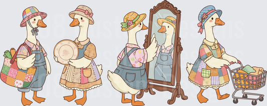Five Vintage Style Geese in Overalls and Floral Hats