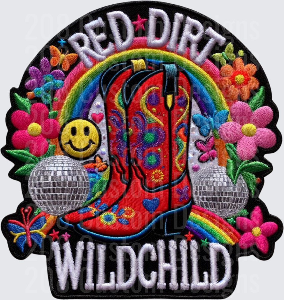 Red Dirt Wild Child Cowboy Boot Rainbow Disco Ball Flower Patch