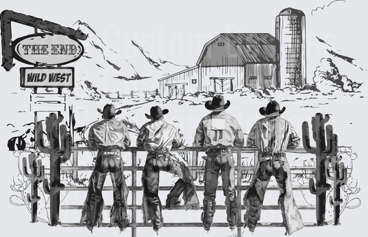 Cowboys Sitting on Fence The End Wild West Sign