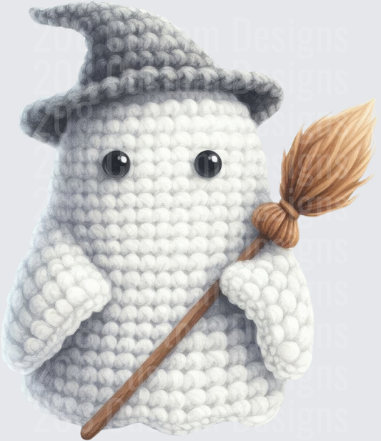 Cute Crochet Ghost Witch with Broomstick