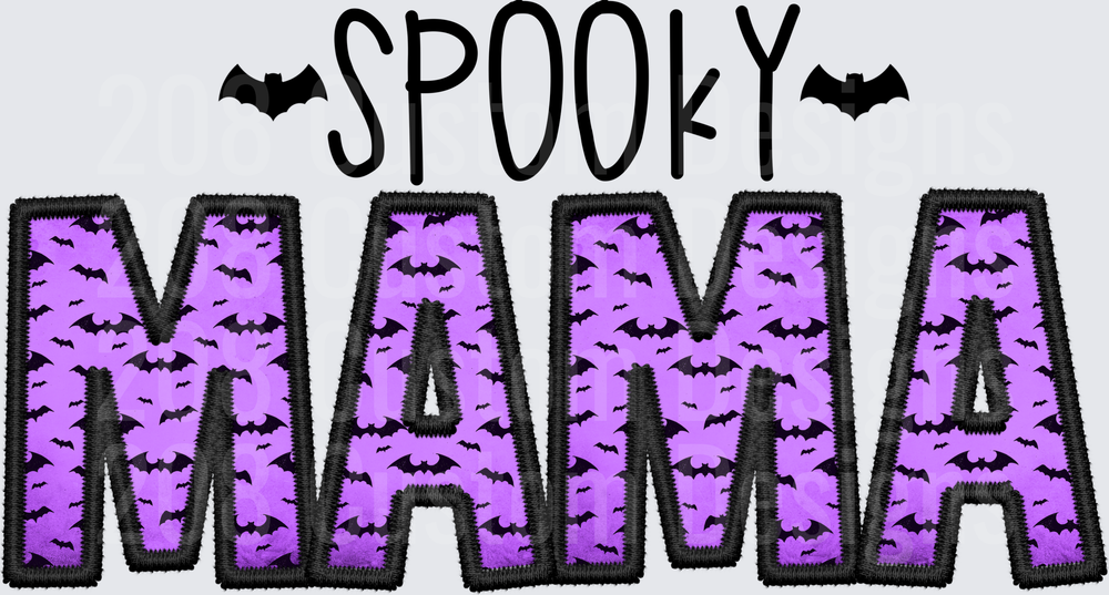 Spooky Mama Purple Bat Pattern Embroidery Style Letters