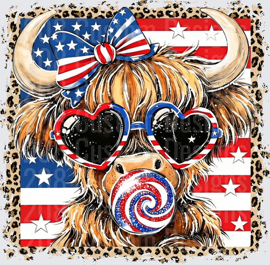 Patriotic Highland Cow with Heart Sunglasses and American Flag Bow